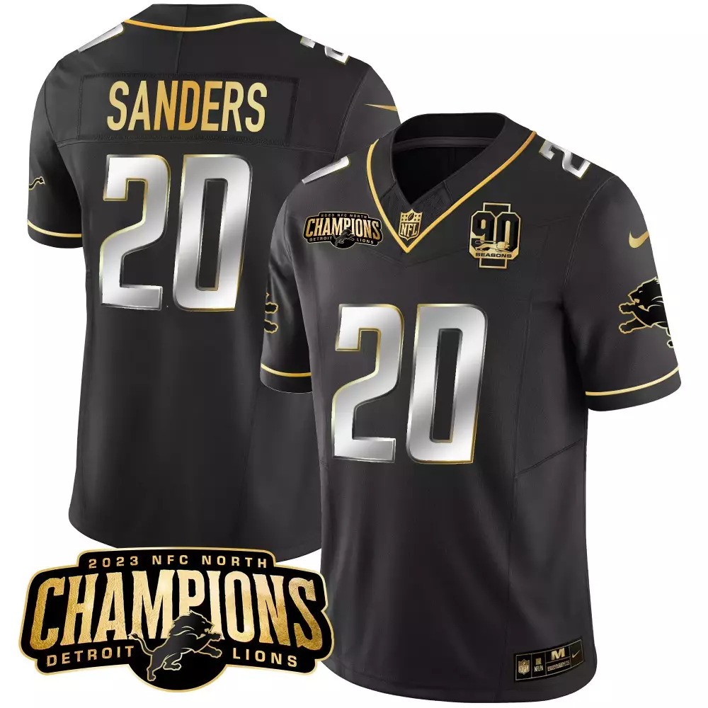Barry Sanders 20 Detroit Lions Jersey Black 2023 NFC North Champions 90 Seasons Men