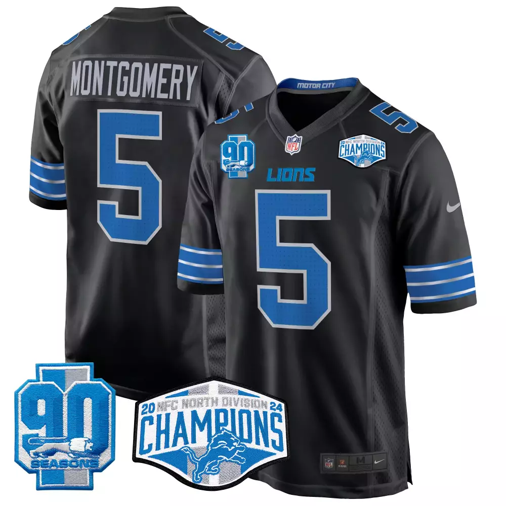 David Montgomery 5 Lions Jersey Black 90 Seasons Men NFL Blue Silver Game All Stitched