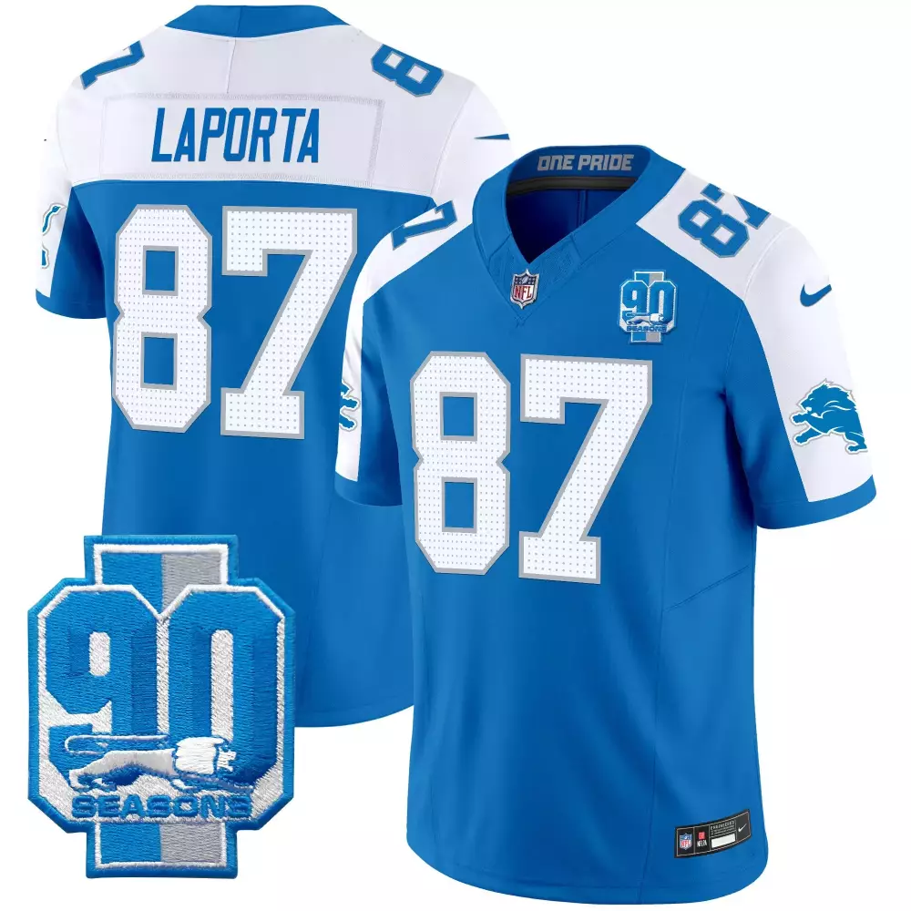 Sam Laporta 87 Lions Jersey Blue 90 Seasons Men Standard White Alternate Vapor Limited