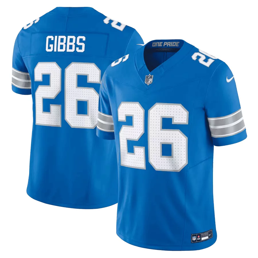 Jahmyr Gibbs 26 Lions Jersey Blue Men Player White Grey Vapor Limited All Stitched