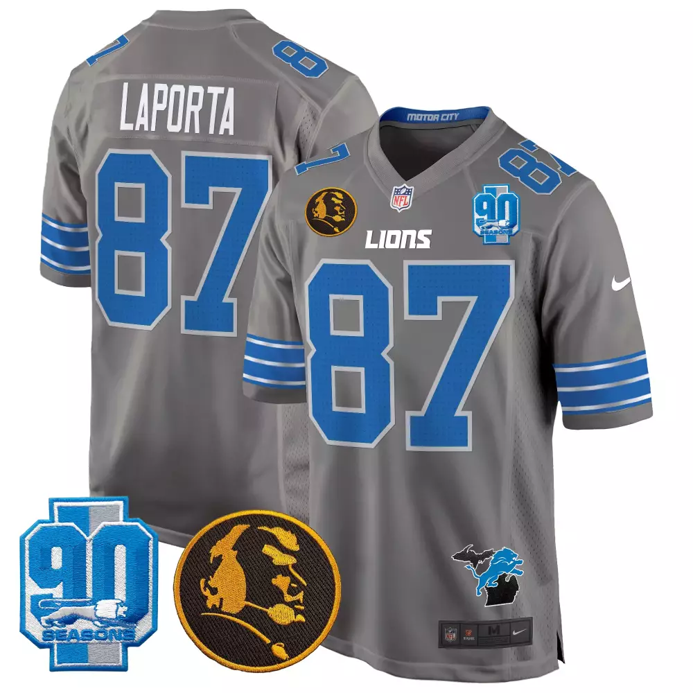 Sam Laporta 87 Lions Jersey Gray 90th Season 90 Seasons Men Standard Blue White Silver