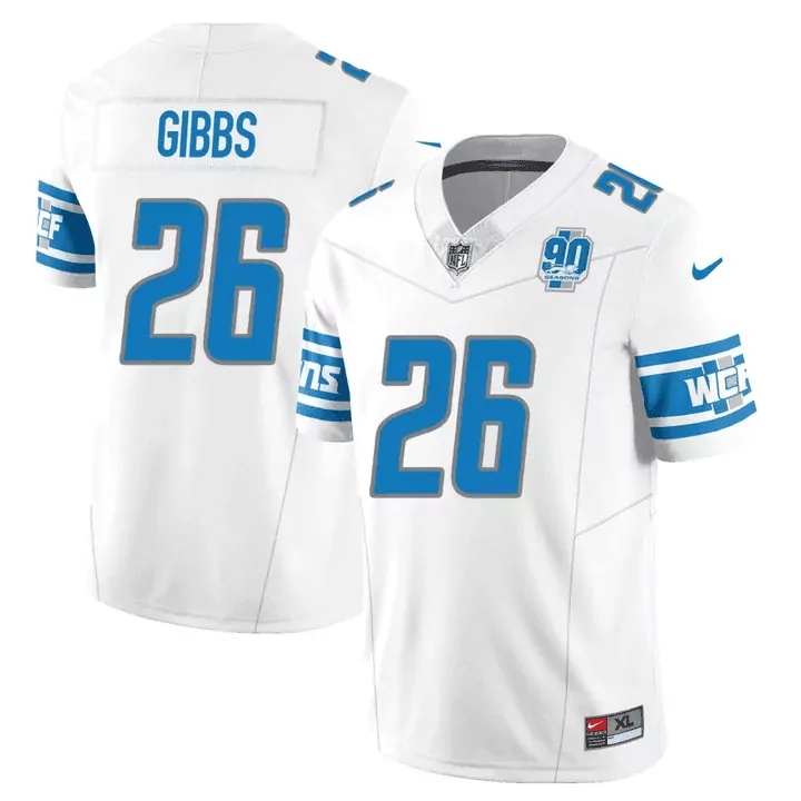 Jahmyr Gibbs 26 Lions Jersey White 90th Anniversary Men Blue Silver Vapor v2 All
