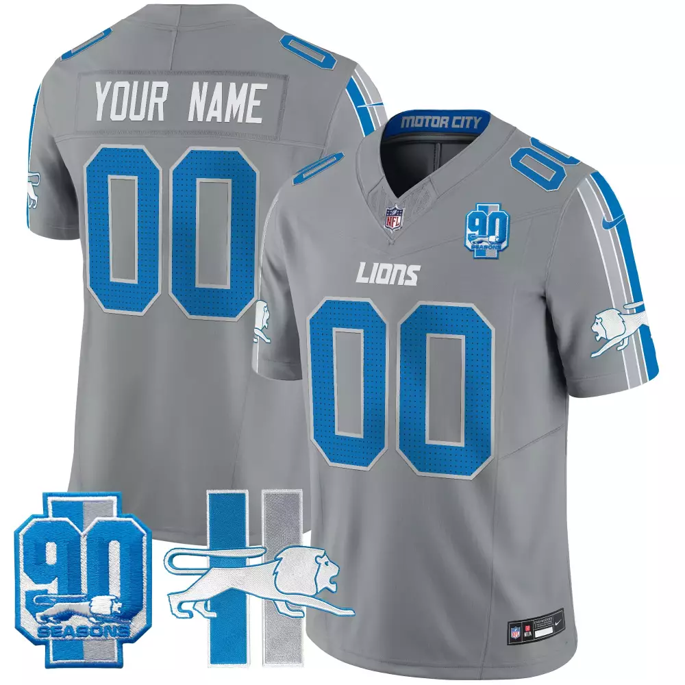 Custom Lions Jersey Gray 90th Season 90 Seasons Men Blue White Throwback Vapor Limited
