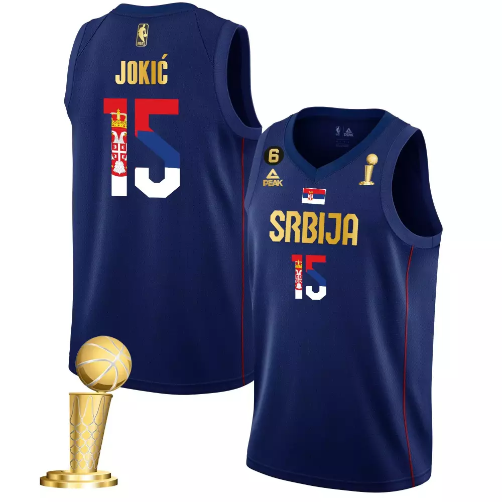 Nikola Jokic 15 Serbia Jersey Navy Fiba Peak Men Red White Gold All Stitched