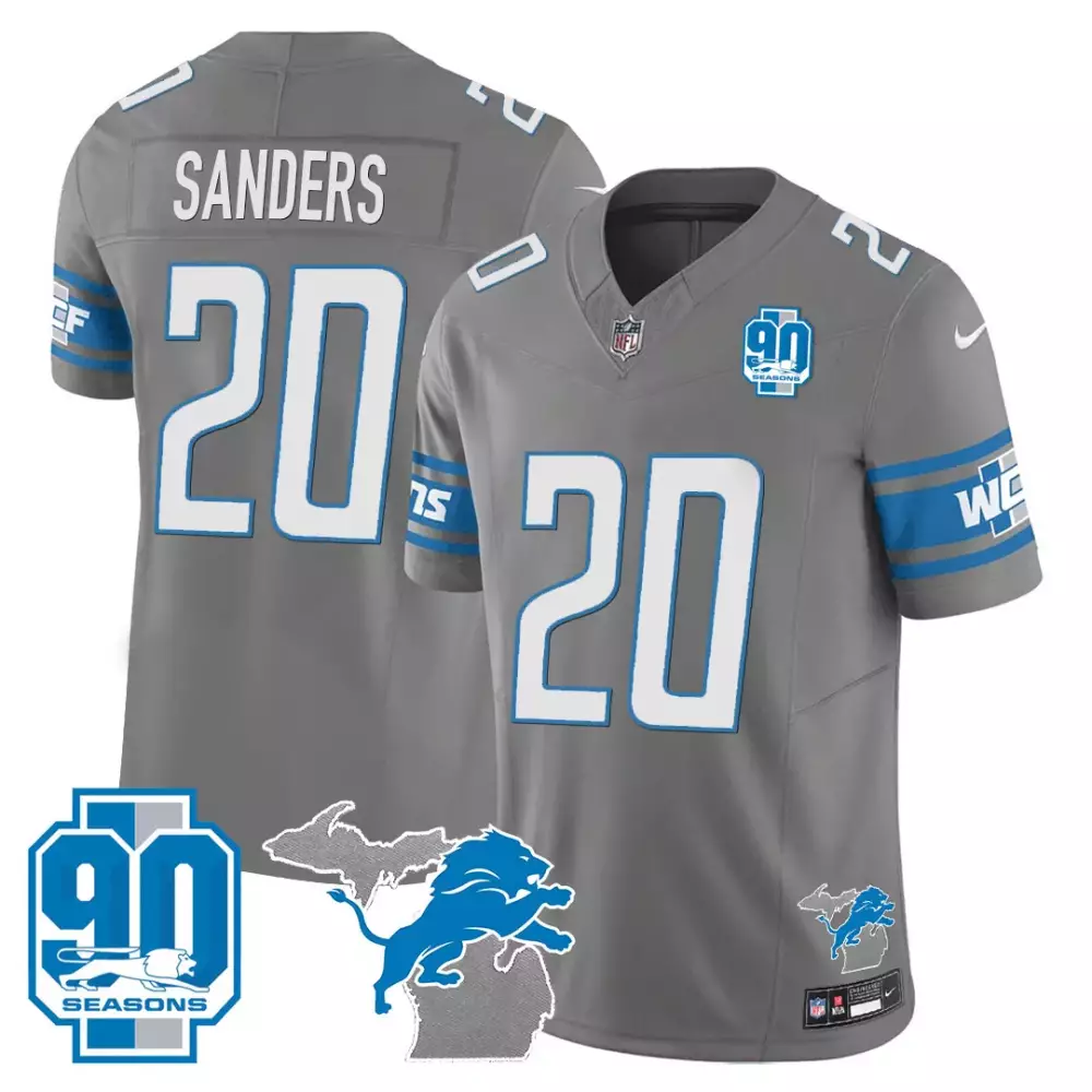 Barry Sanders 20 Lions Jersey Gray 90 Seasons Men Official Blue White All Stitched