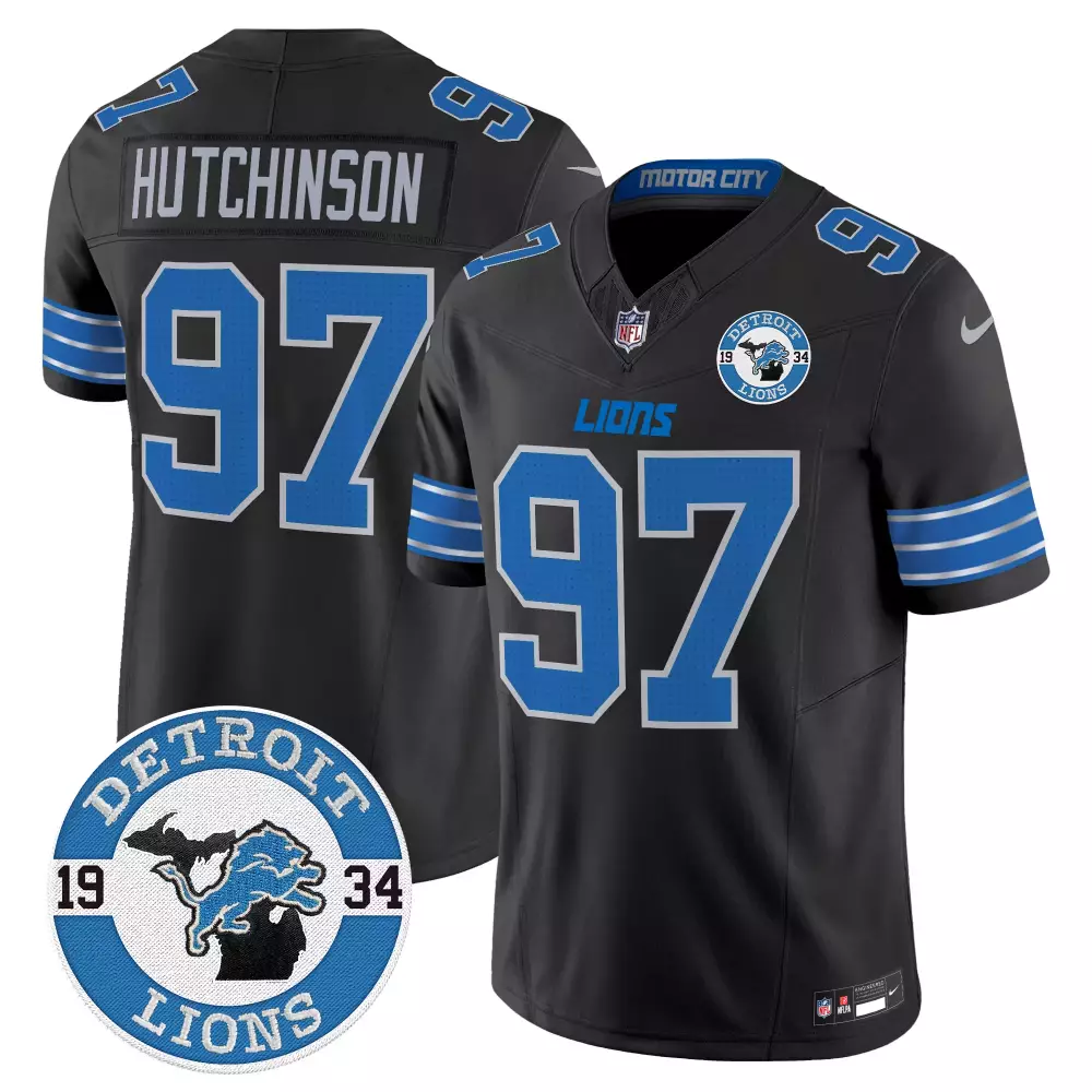 Hutchinson Est 97 Detroit Lions Jersey Black Men Blue Silver Vapor Limited All Stitched