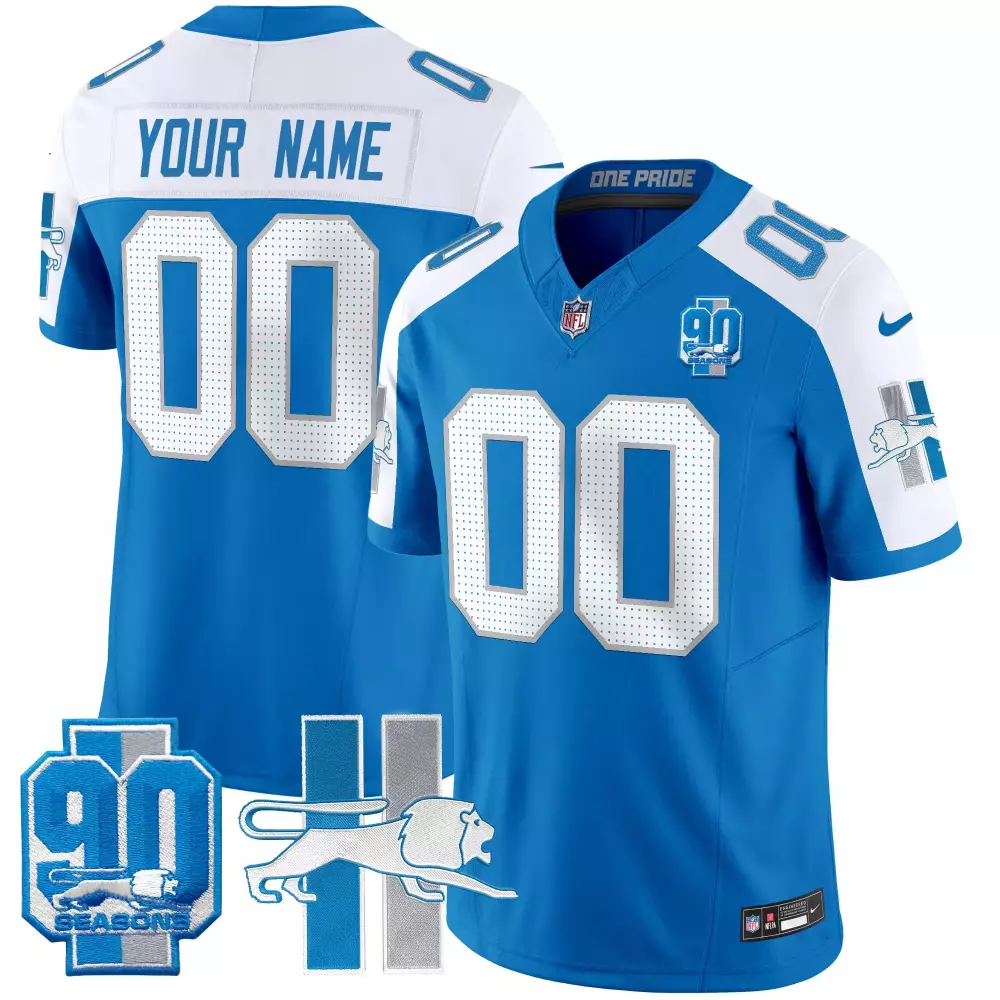 Custom Detroit Lions Jersey Blue 90 Seasons Men Team White Silver Alternate Throwback