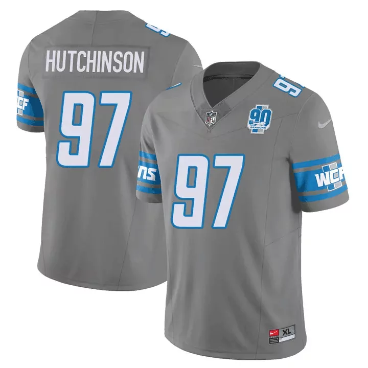 Aidan Hutchinson 97 Lions Jersey Gray 90th Season Men Blue White Vapor v2 All Stitched
