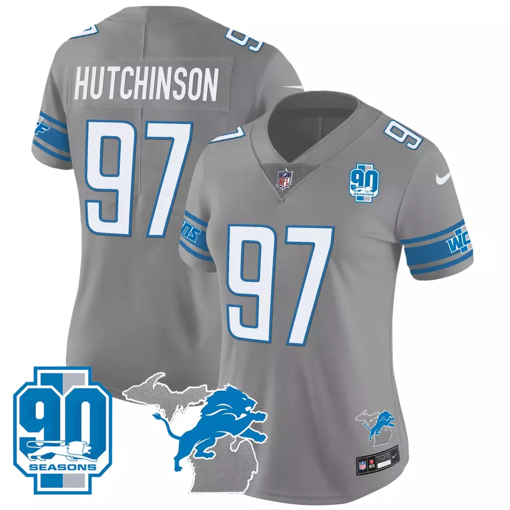 Aidan Hutchinson 97 Lions Jersey Gray 90 Seasons Men Replica White Blue All Stitched