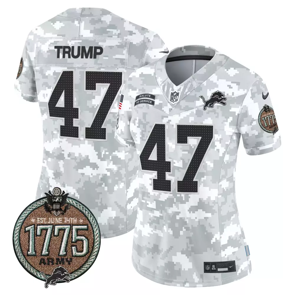 Donald Trump 47 Lions Jersey White Salute To Service 1775 Army Men Alternate Split Design