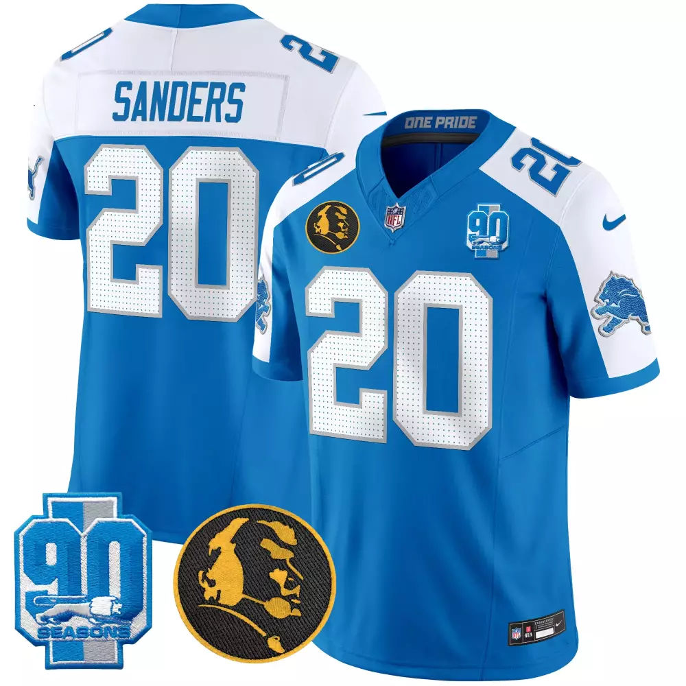 Sanders 20 Lions Jersey Blue 90th Season 90 Seasons Profile Lion Head 1957 Men Authentic