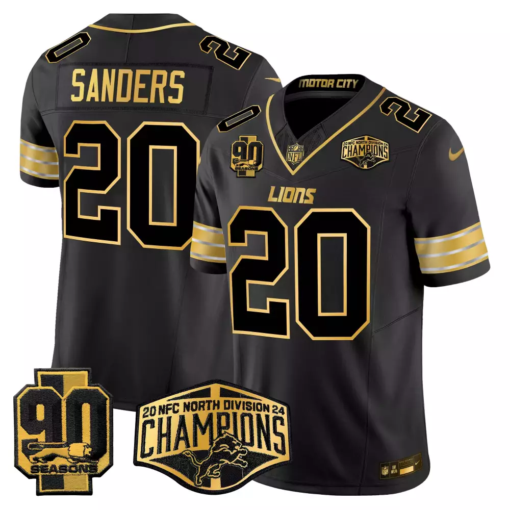 Barry Sanders 20 Lions Jersey Black NFC North Division Champions 90 Seasons 2024