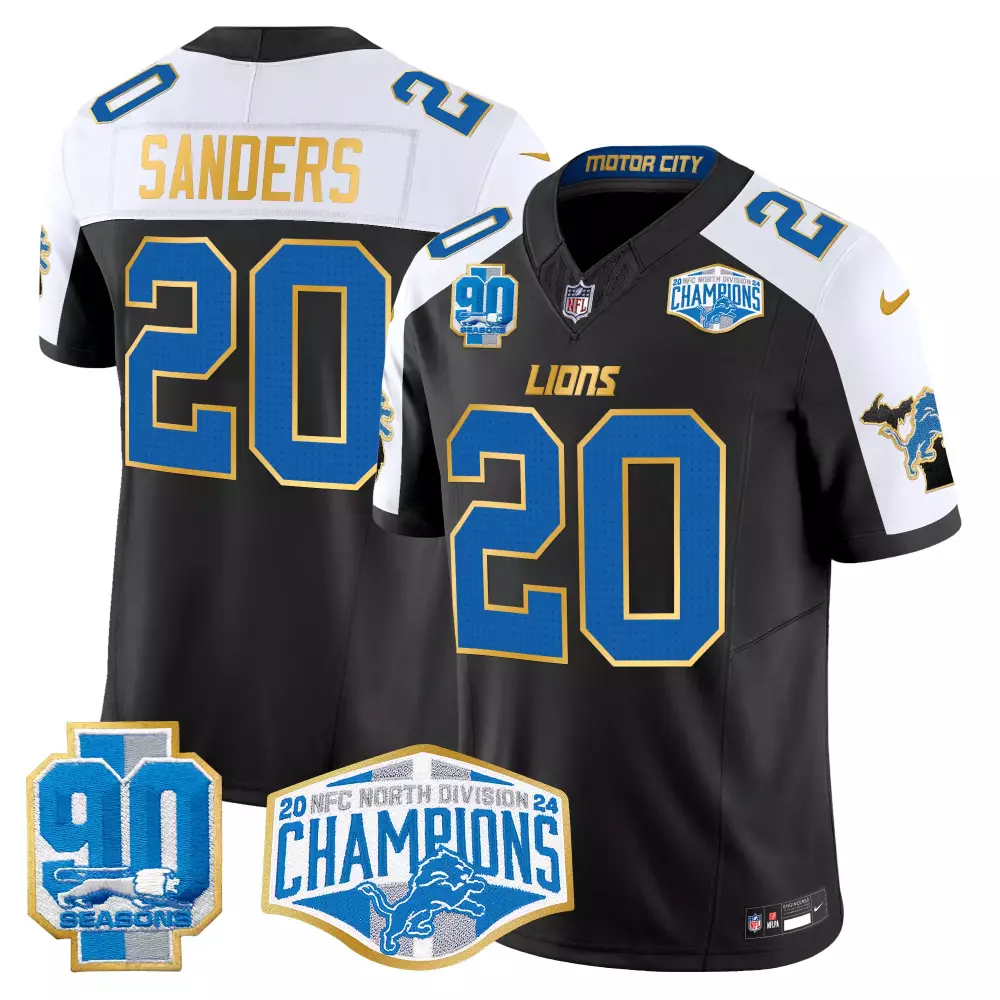Barry Sanders 20 Lions Jersey Black 2020 NFC North Division Champions 90 Seasons