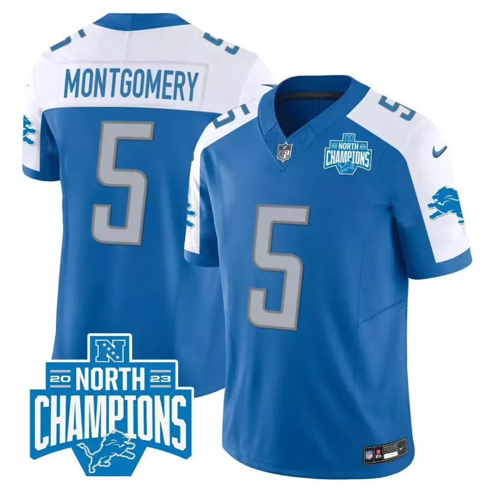 David Montgomery 5 Detroit Lions Jersey Blue 2023 North Champions Men Standard White