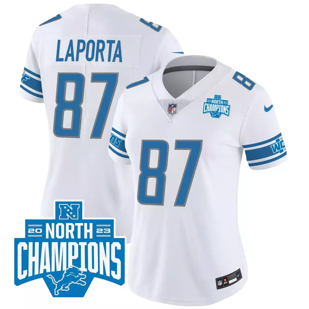 Sam Laporta 87 Lions Jersey White 2023 NFC North Champions Men NFL Blue Gray Vapor