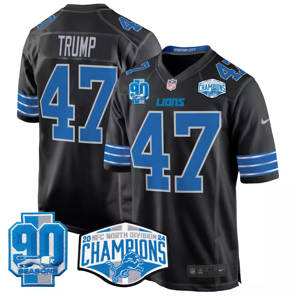 Donald Trump 47 Lions Jersey Black 2023 NFC North Division Champions 90 Seasons Men