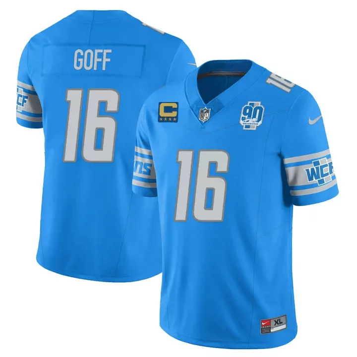 Jared Goff 16 Lions Jersey Blue 90th Season Men White Grey Vapor v2 All Stitched