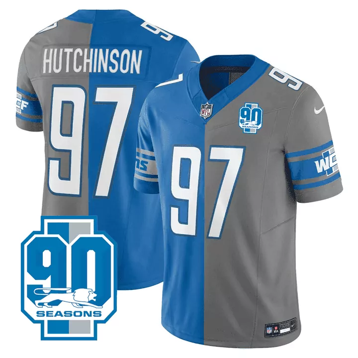 Hutchinson Year 97 Lions Jersey Blue 90 Seasons Men Split Grey Vapor All Stitched