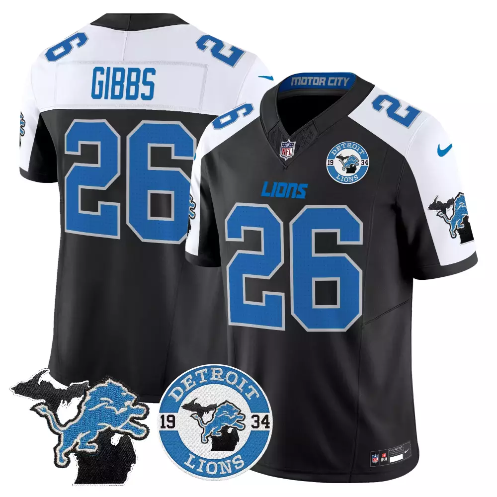 Jahmyr Gibbs 26 Detroit Lions Jersey Black Motor City Michigan Outline Men Alternate