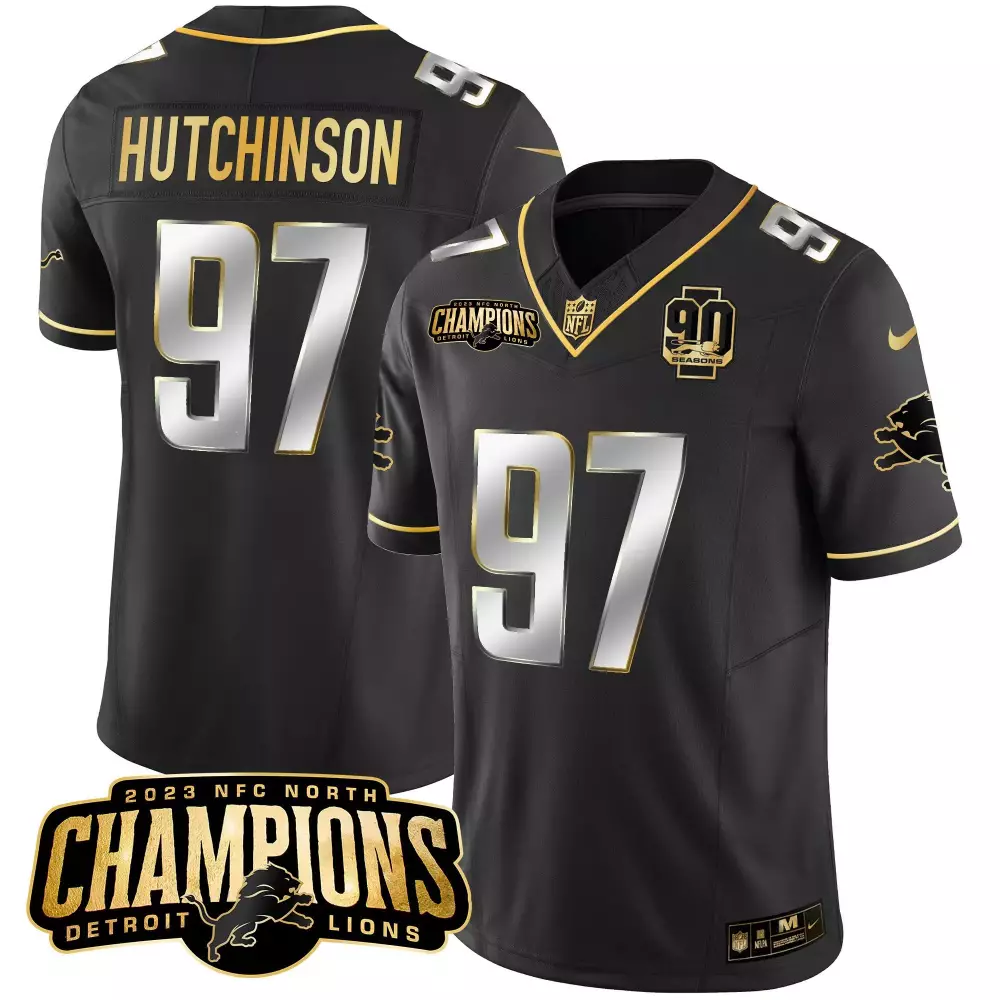 Aidan Hutchinson 97 Detroit Lions Jersey Black 2023 NFC North Champions 90 Seasons