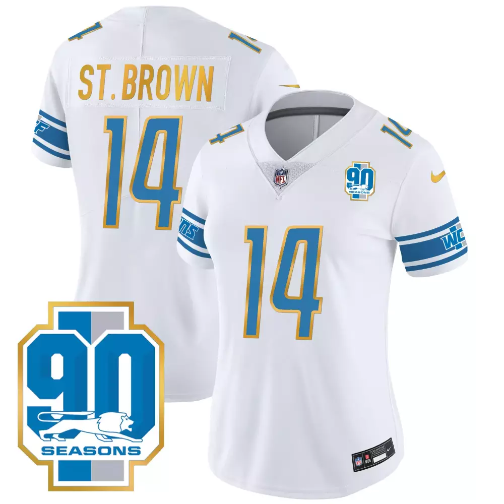 St. Brown 14 Lions Jersey White 90th Season 90 Seasons 2023 Men NFL Alternate Blue
