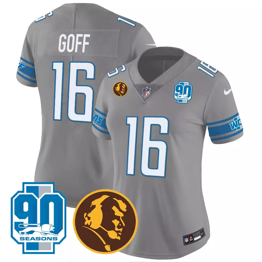 Jared Goff 16 Lions Jersey Gray 90 Seasons Detroit Legacy Men White Blue All Stitched