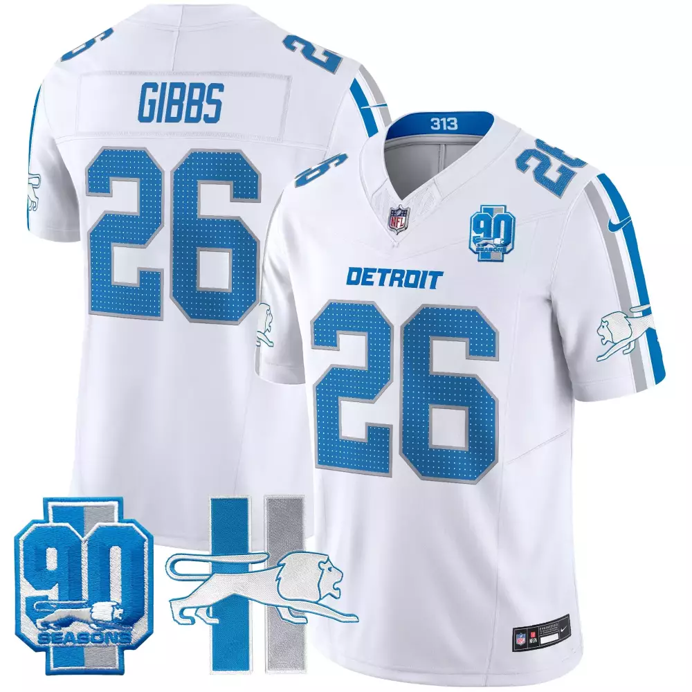 Jahmyr Gibbs 26 Detroit Lions Jersey White 90 Seasons Men NFL Blue Silver Throwback