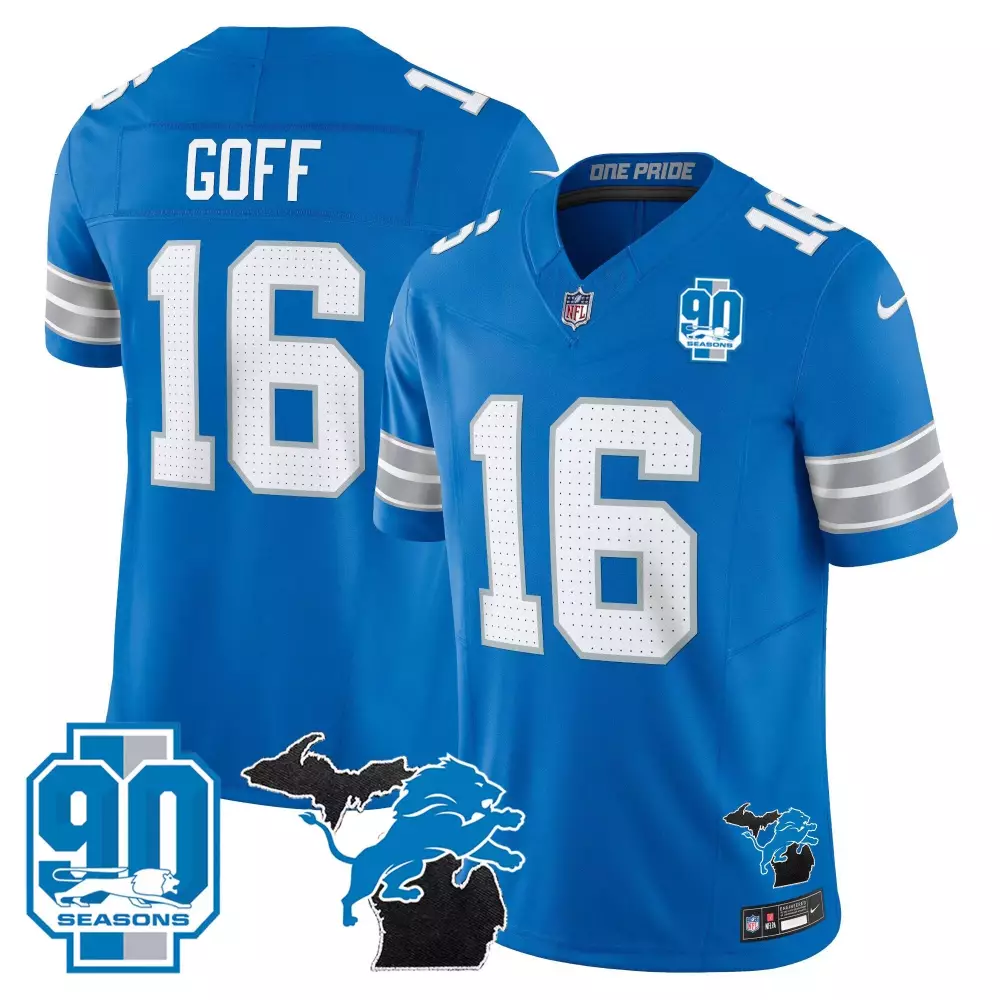 Jared Goff 16 Detroit Lions Jersey Blue 90th Season 90 Seasons Michigan Outline Men