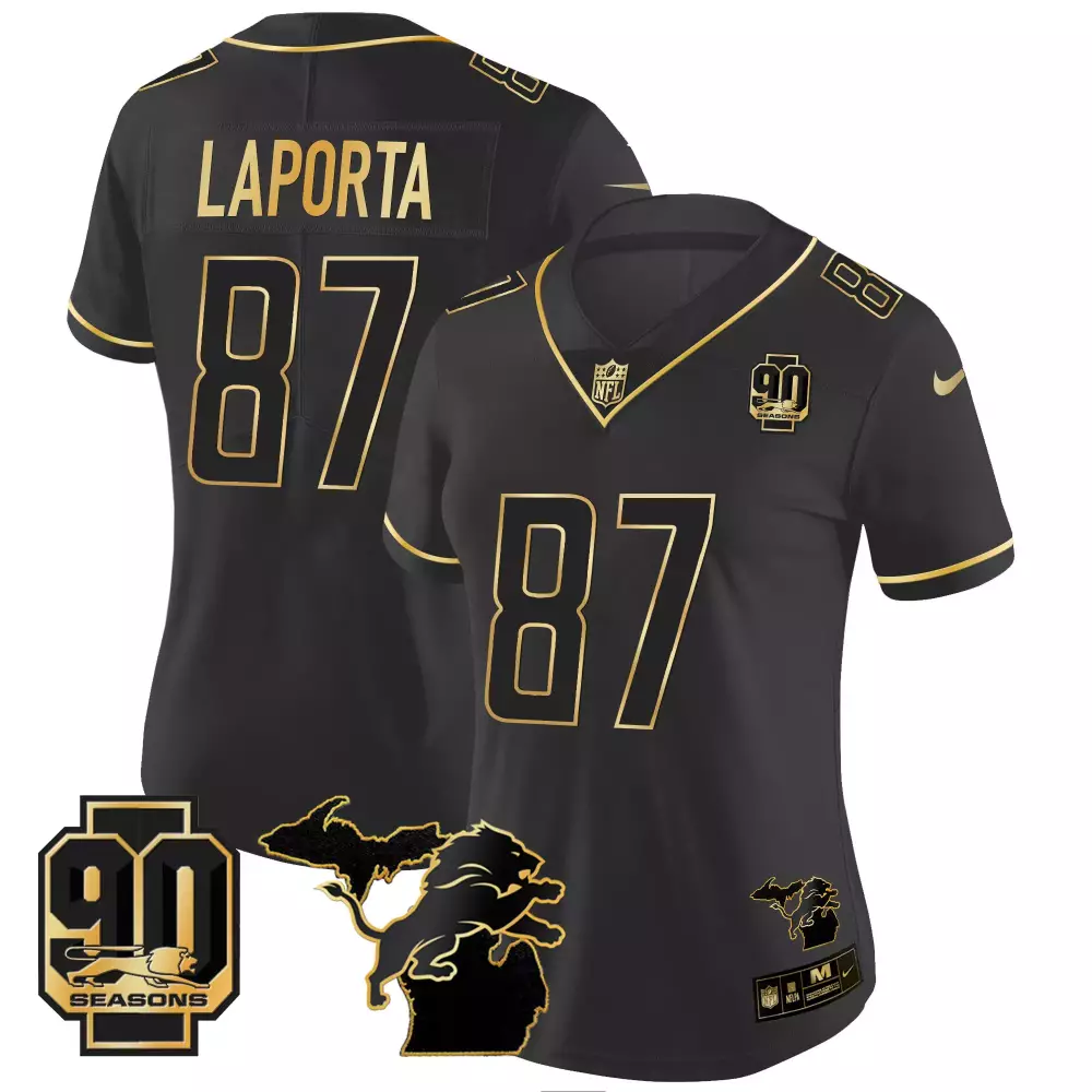 Laporta Year 87 Detroit Lions Jersey Black 90th Season 90 Seasons Men Gold Stitched