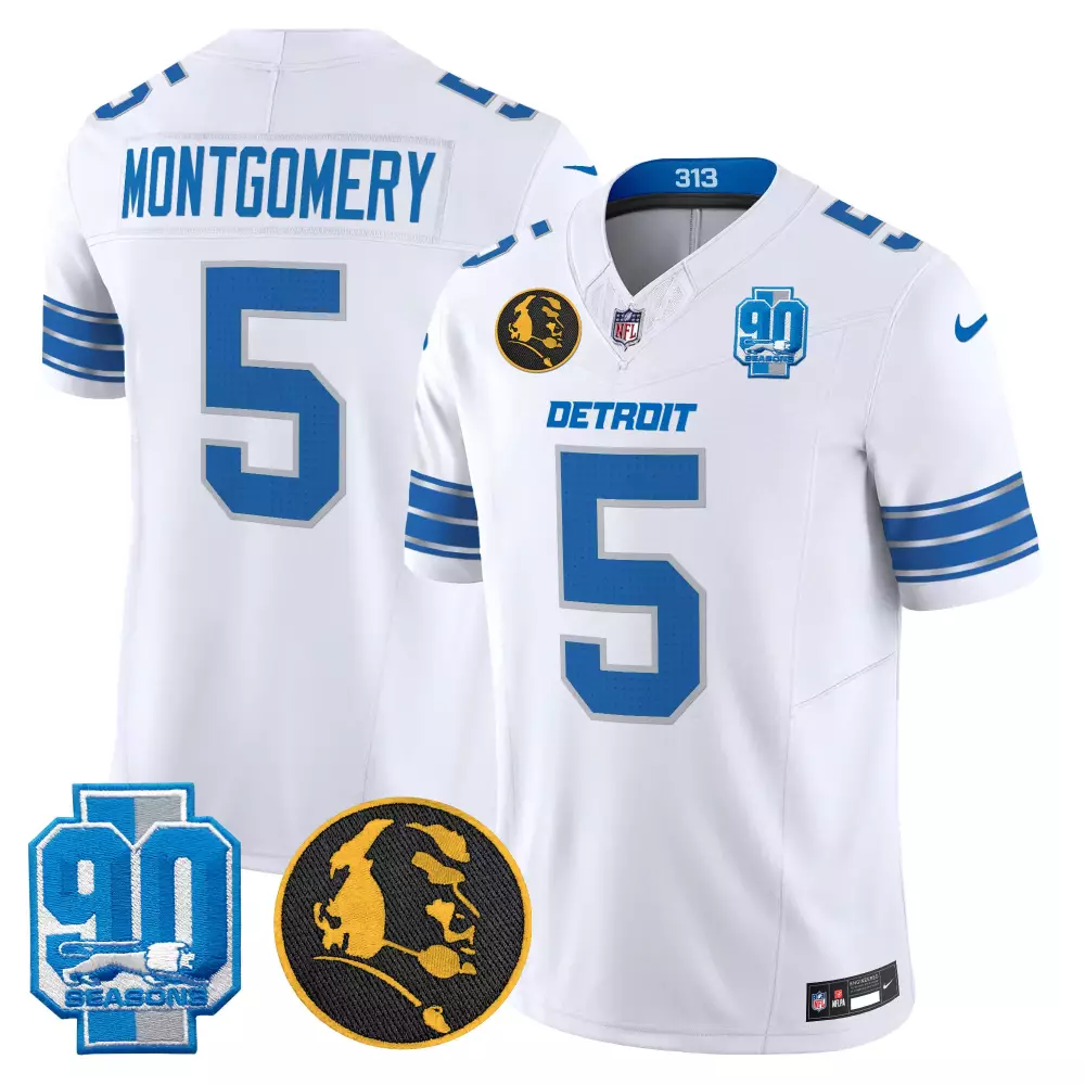 Montgomery 5 Lions Jersey White 90th Season 90 Seasons Lion Head Men Replica Blue