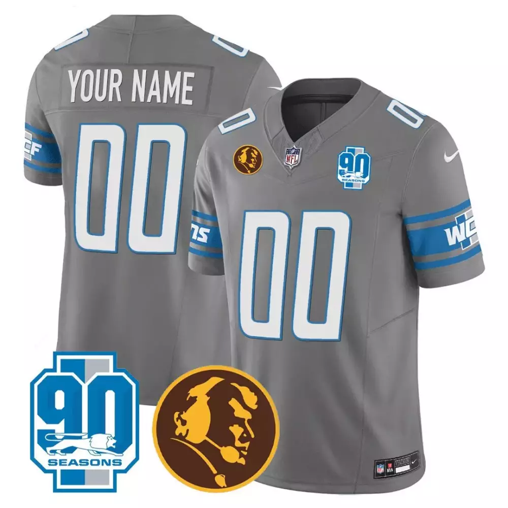 Custom Detroit Lions Jersey Gray 90th Anniversary 90 Seasons Men Alternate Blue White