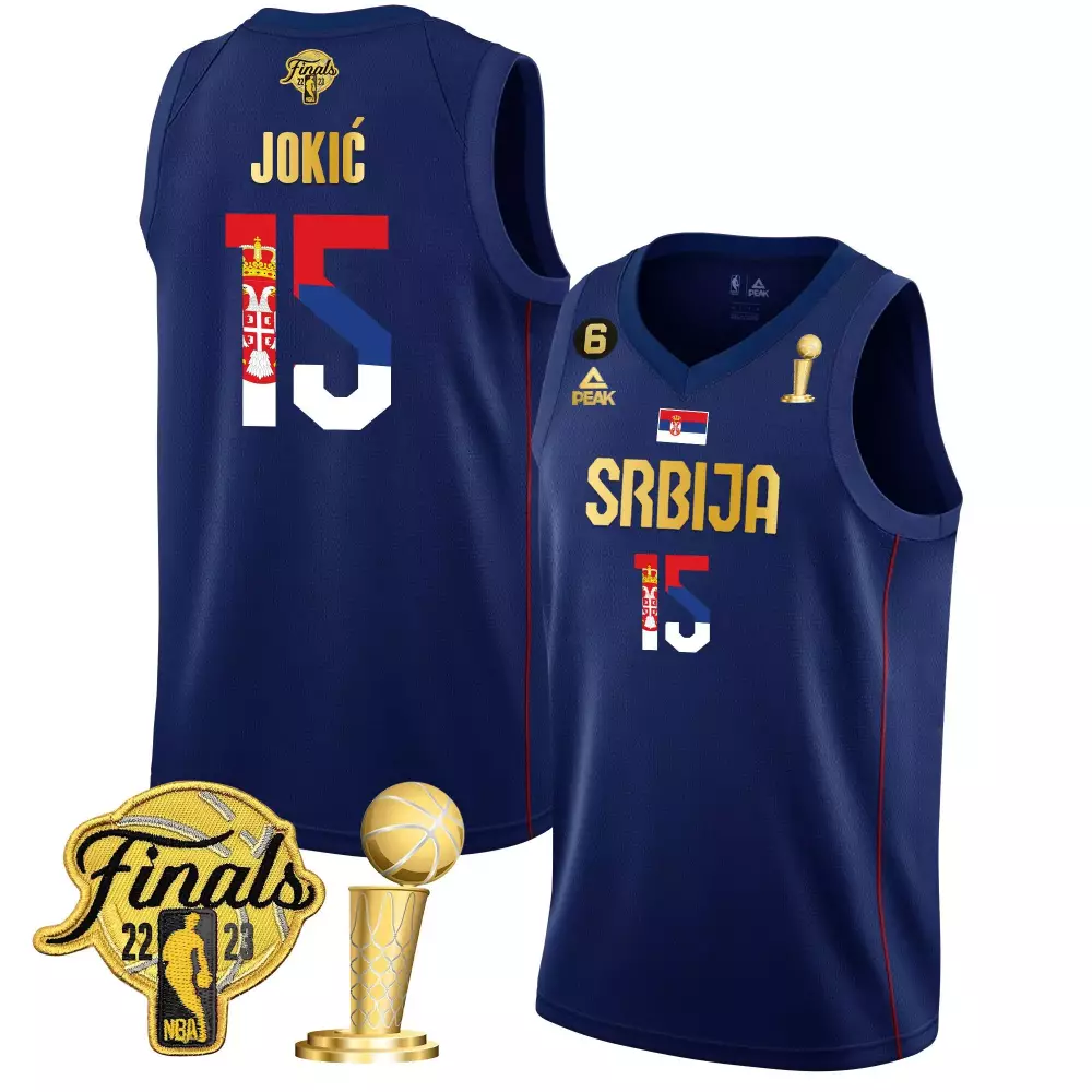 Nikola Jokic 15 Srbija Jersey Navy Blue NBA Finals 2022-2023 Men Red White Gold All