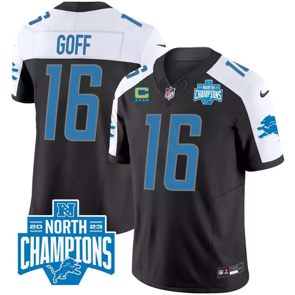 Jared Goff 16 Detroit Lions Jersey Black 2023 North Champions Men Blue White All
