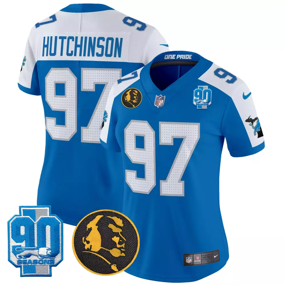 Hutchinson 97 Lions Jersey Blue 90th Season 90 Seasons Detroit 2023 Men NFL White