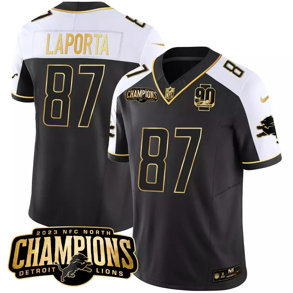 Sam Laporta 87 Detroit Lions Jersey Black 2023 NFC North Champions 90 Seasons Men