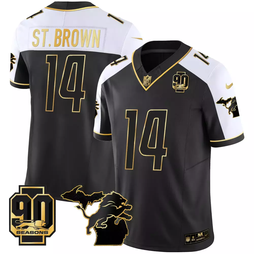 Amon-ra St. 14 Lions Jersey Black 90th Season 90 Seasons 2023 Men White Gold All