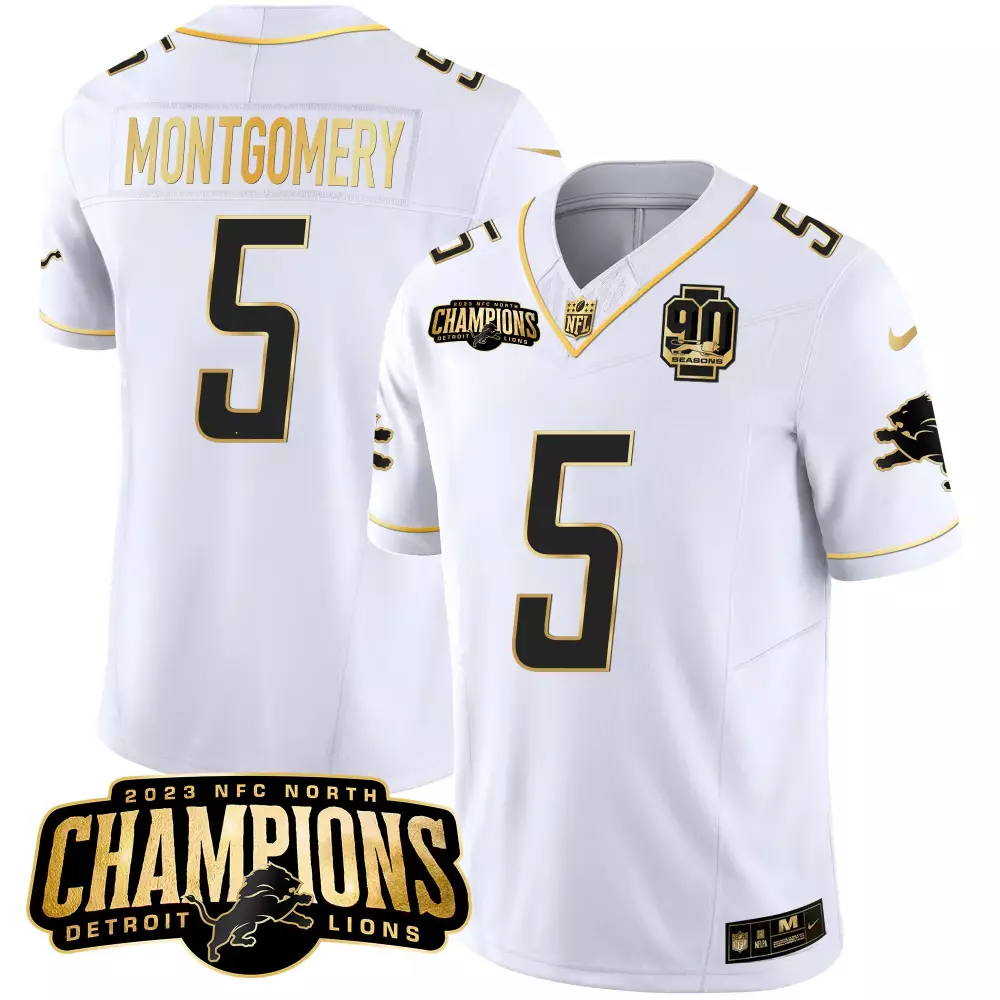 David Montgomery 5 Detroit Lions Jersey White 2023 NFC North Champions 90 Seasons