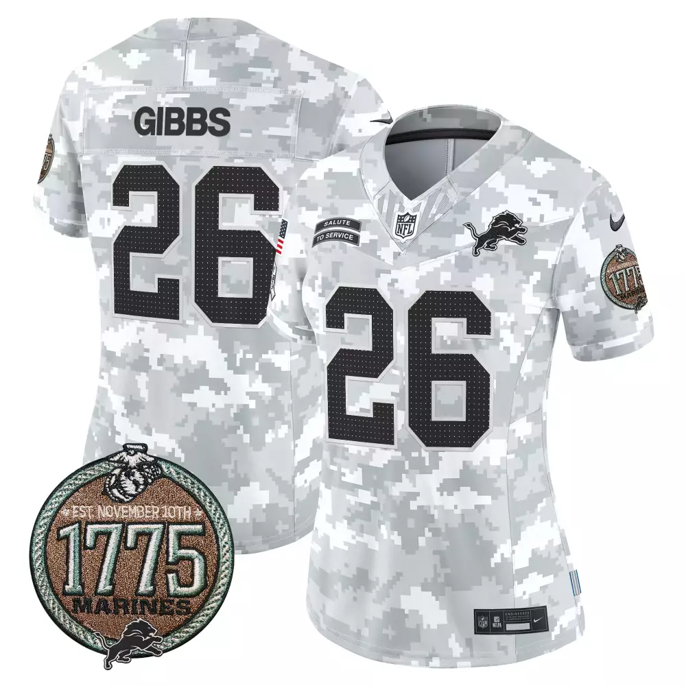 Jahmyr Gibbs 26 Lions Jersey White Salute To Service Us Flag 1775 Marines Men Digital Camouflage