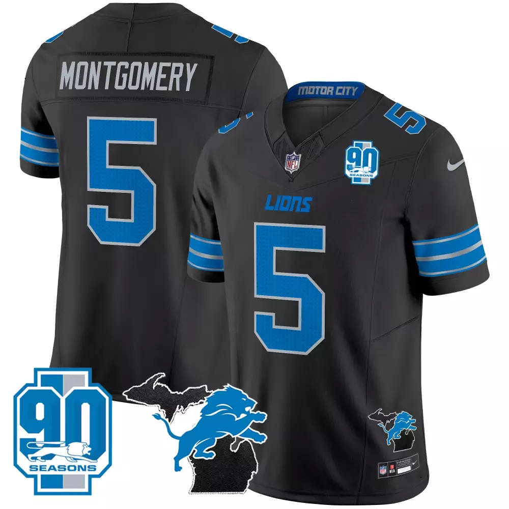 Montgomery 5 Lions Jersey Black 90TH Season 90 Seasons Men Short Sleeve Blue Silver