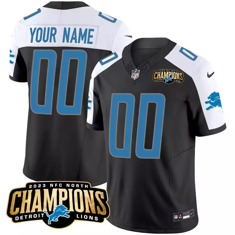 Custom Detroit Lions Jersey Black 2023 NFC North Champions Men White Blue Alternate