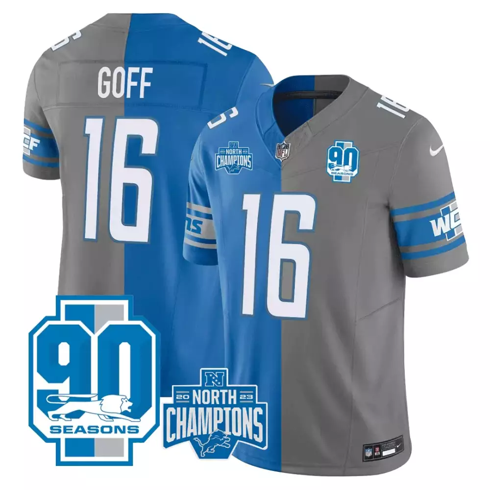 Jared Goff 16 Lions Jersey Blue 90 Seasons 2023 North Champions Men Split Design