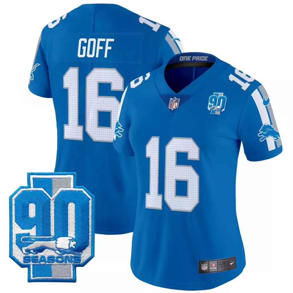 Jared Goff 16 Detroit Lions Jersey Blue 90 Seasons Men White Silver Vapor Limited