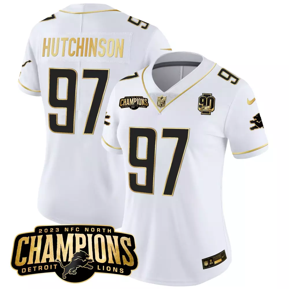 Aidan Hutchinson 97 Detroit Lions Jersey White 2023 NFC North Champions 90 Seasons