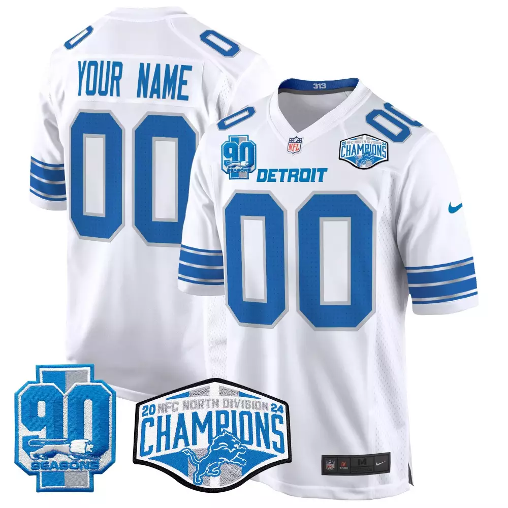 Custom Detroit Lions Jersey White 90th Anniversary 90 Seasons 2024 Men Blue Silver
