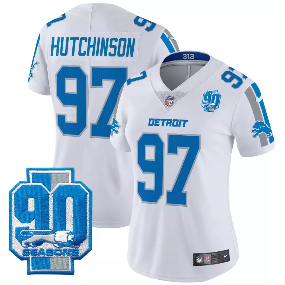Hutchinson Year 97 Detroit Lions Jersey White 90 Seasons Women Player Blue Silver