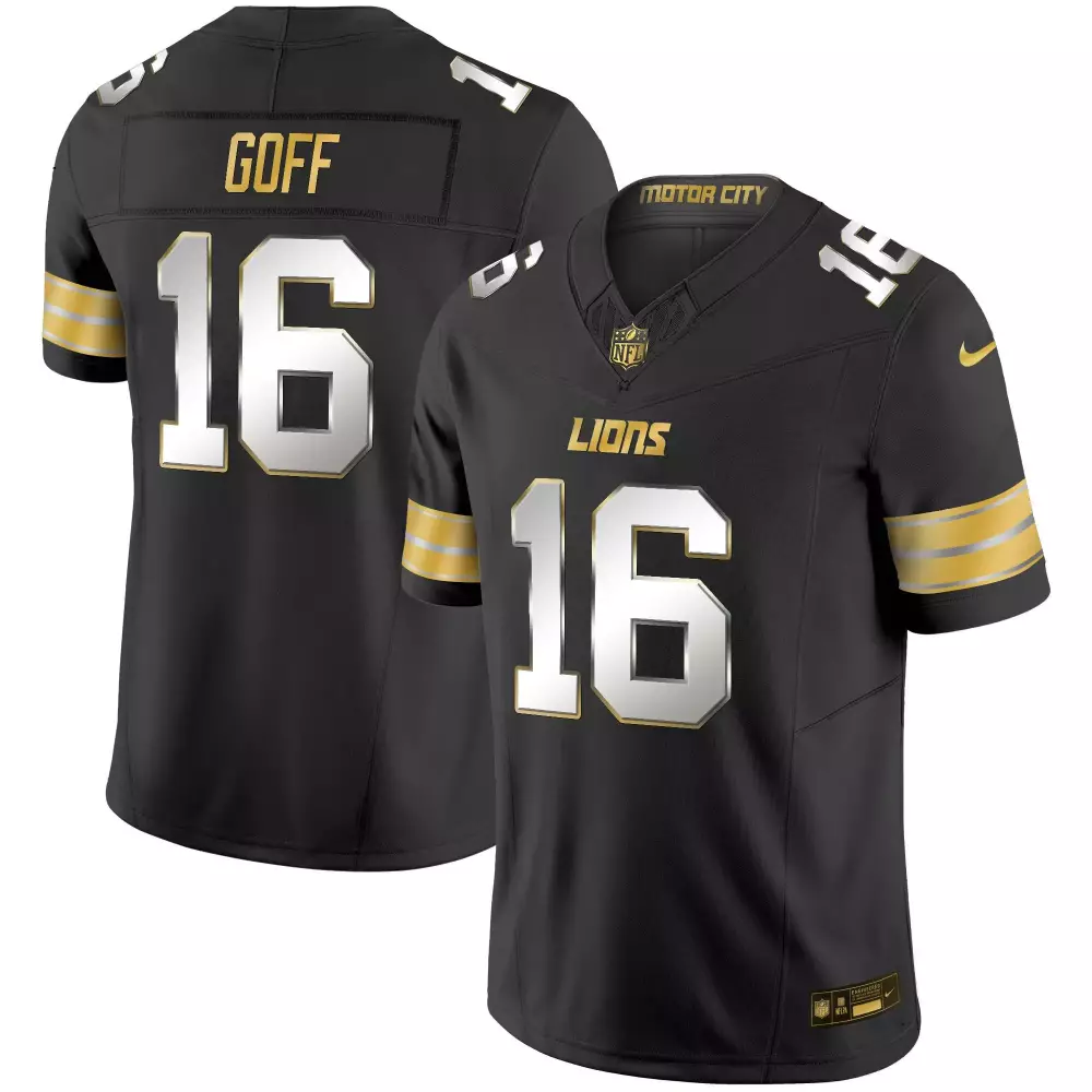Jared Goff 16 Lions Jersey Black Men NFL Gold Silver Limited Vapor All Stitched