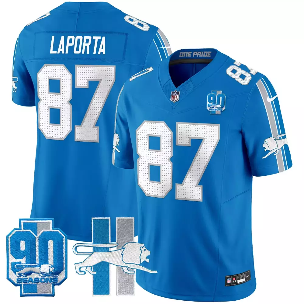 Sam Laporta 87 Lions Jersey Blue 90th Season 90 Seasons Men Full Dye White Silver