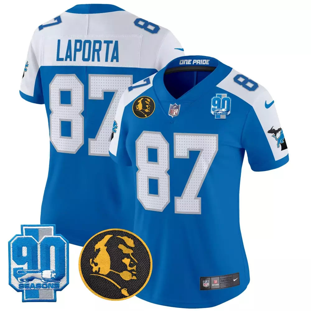 Sam Laporta 87 Detroit Lions Jersey Blue 90th Season 90 Seasons Head Men Player White
