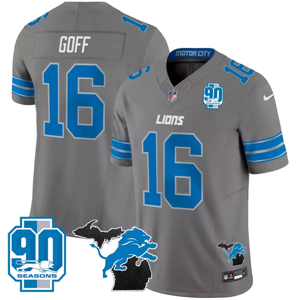 Jared Goff 16 Lions Jersey Gray 90 Seasons Men Blue Vapor Embroidered