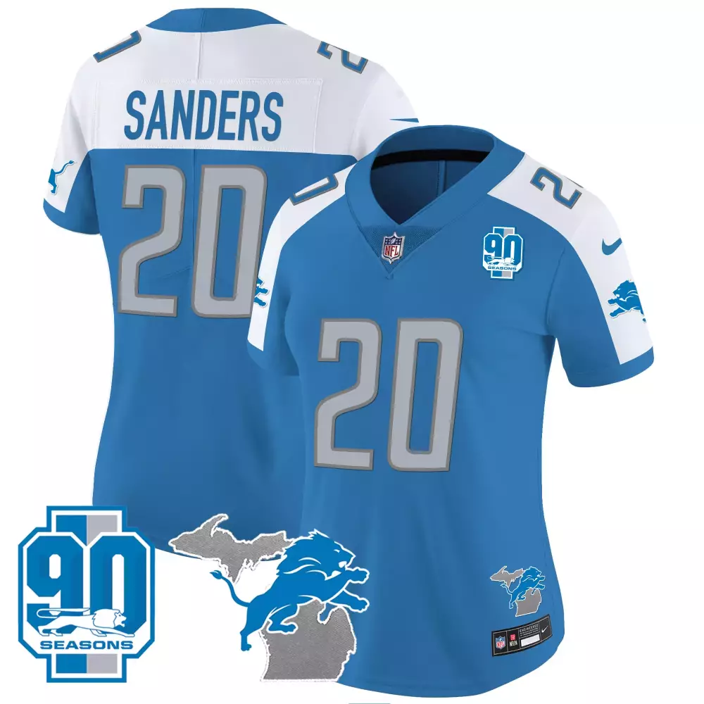 Barry Sanders 20 Lions Jersey Blue 90 Seasons Men White Silver Alternate Vapor All